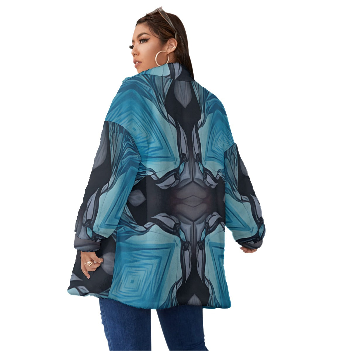 Women's Blue Abstract Geo Unisex Borg Fleece Stand up Collar Coat With Zipper Closure(Plus Size)