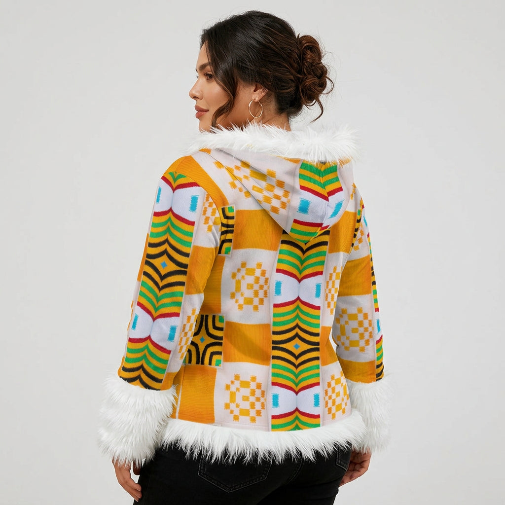Women's Orange African Kente Abstract Pattern Design A O P Faux Fur Trim Hooded Jacket | Velvet
