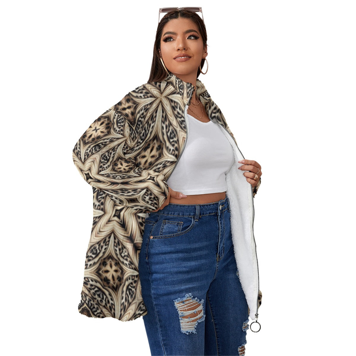 Women's Geo Brown Pattern Unisex Borg Fleece Stand-up Collar Coat With Zipper Closure (Plus Size