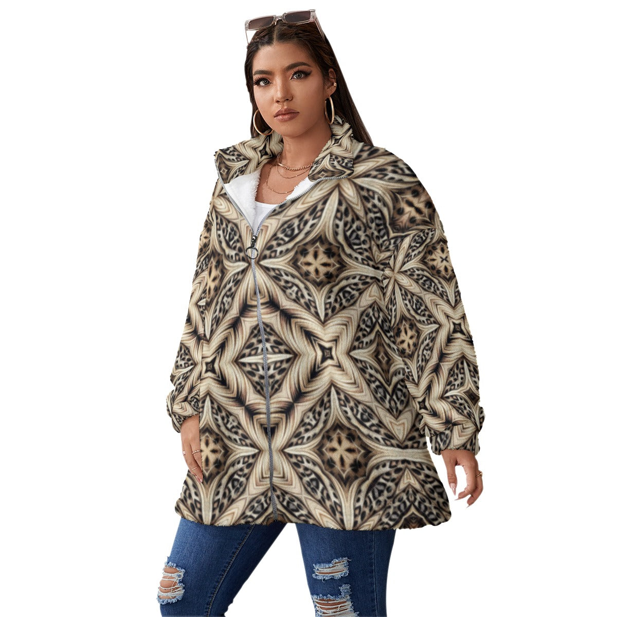 Women's Geo Brown Pattern Unisex Borg Fleece Stand-up Collar Coat With Zipper Closure (Plus Size