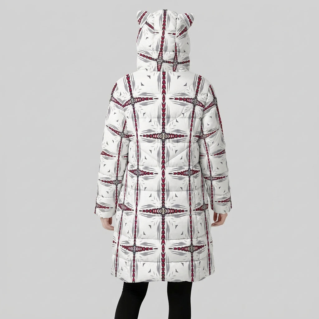 Women's Red & Gray Mosaic Pattern Design Fleece Oversized Hoodie Blanket With Decorative Ears