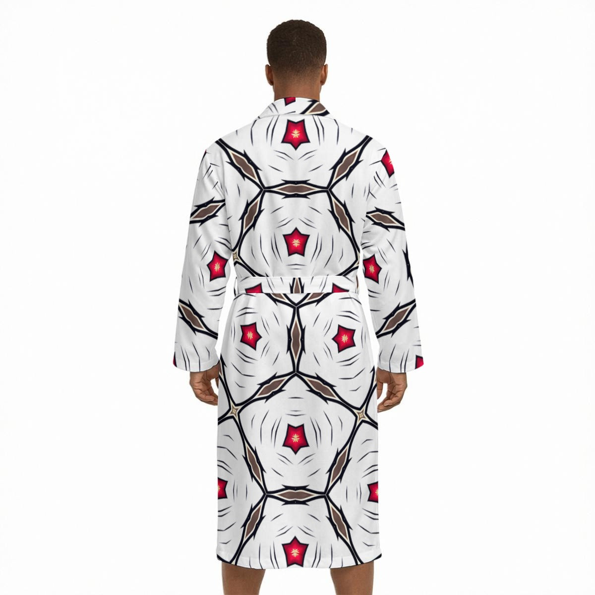 Men’s Geometric White Red Patterned Design All-Over Print Fleece-Lined Bathrobe with Belt