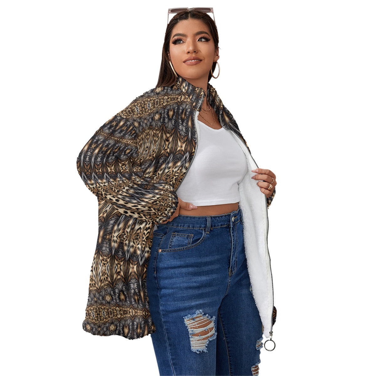Women's Leopard Geo Pattern Unisex Borg Fleece Stand-up Collar Coat With Zipper Closure(Plus Size)
