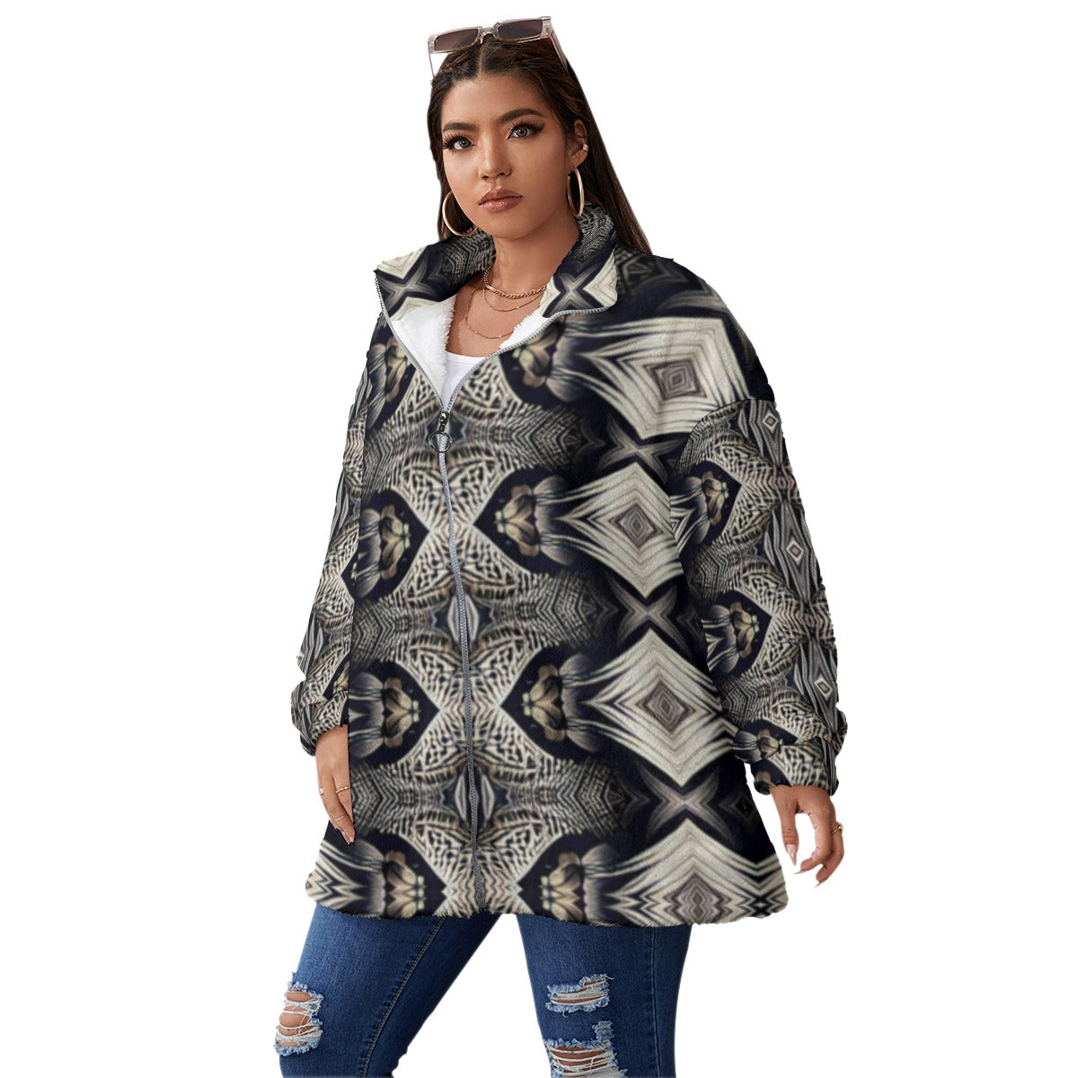 Women's Monochrome Geo pattern Unisex Borg Fleece Stand-up Collar Coat With Zipper Closure(Plus Size