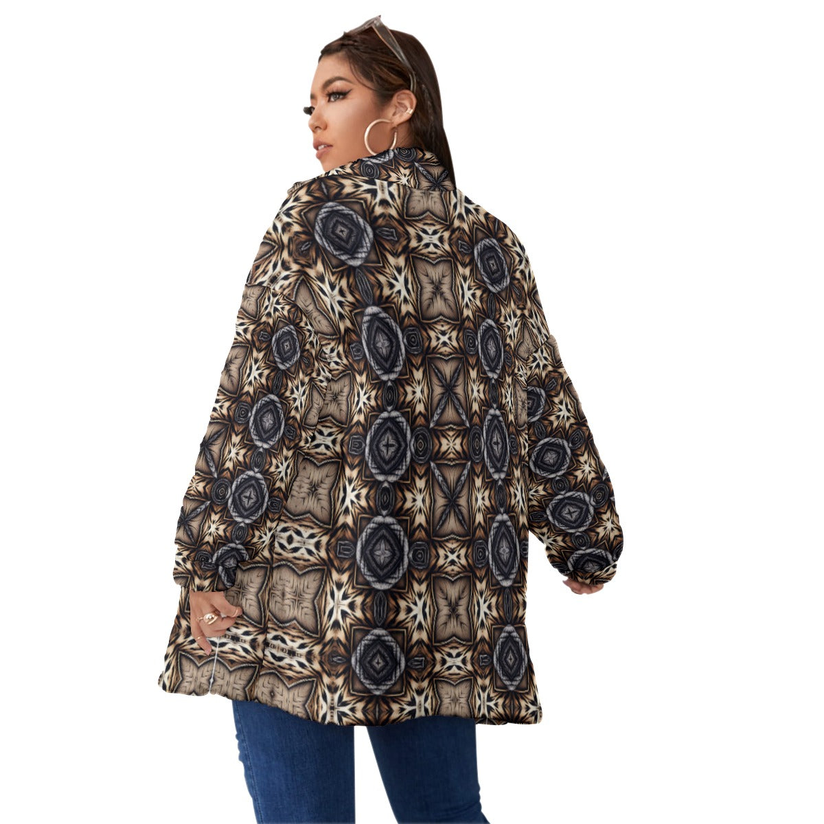Men's Geo Kaleidoscope Pattern Unisex Borg Fleece Stand-up Collar Coat With Zipper Closure(Plus Size