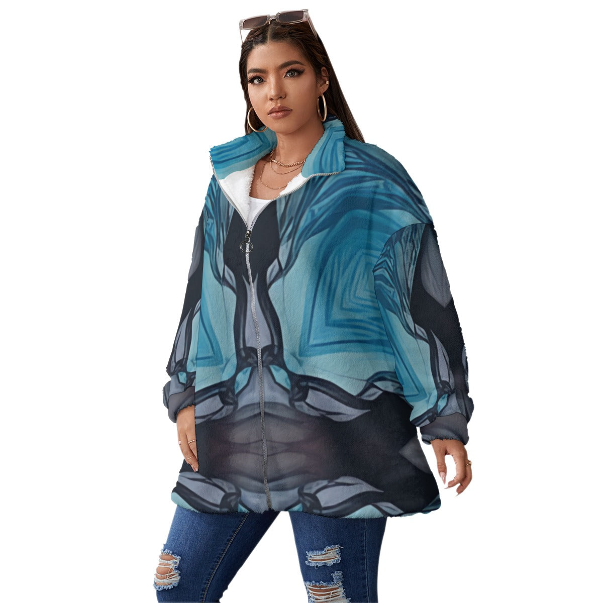 Women's Blue Abstract Geo Unisex Borg Fleece Stand up Collar Coat With Zipper Closure(Plus Size)