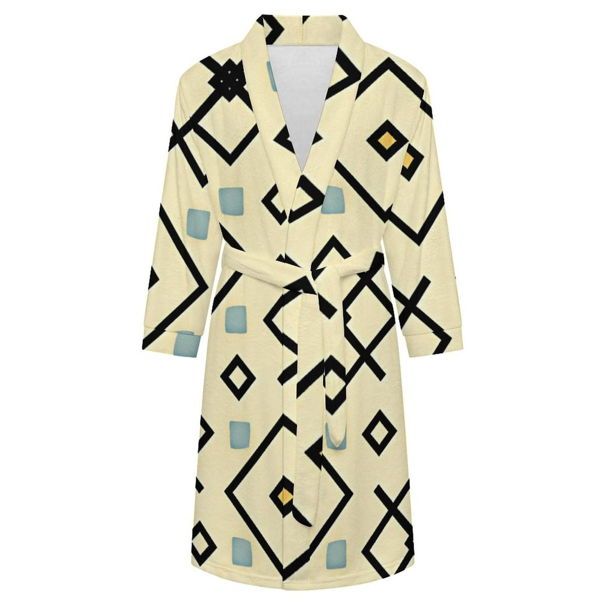 Men's Retro Cream Geo Diamond Pattern All Over Print Flannel Adult Lounge Robe