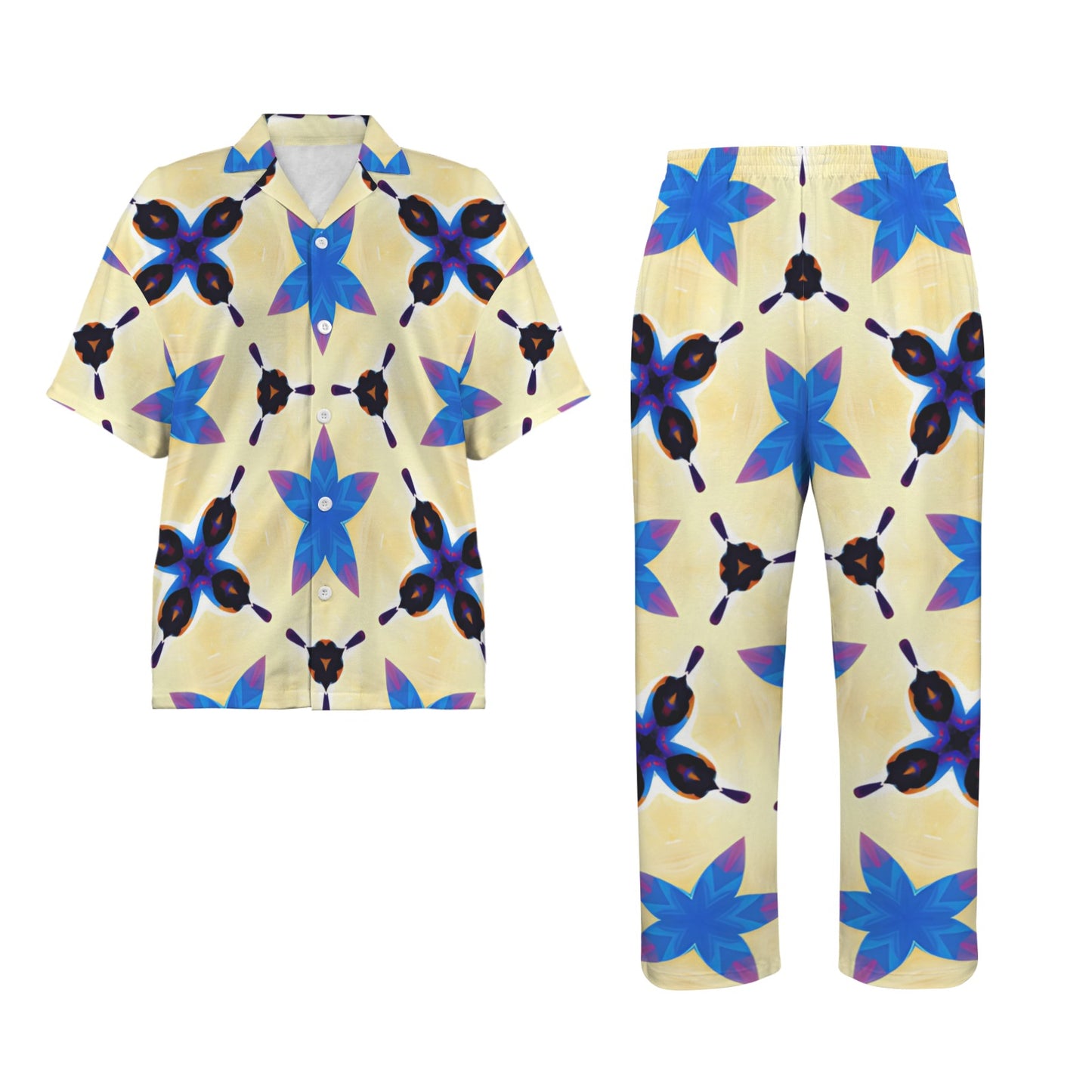 Women's Blue Floral Kaleidoscope All-Over Print Pattern V-Neck Pajama Set