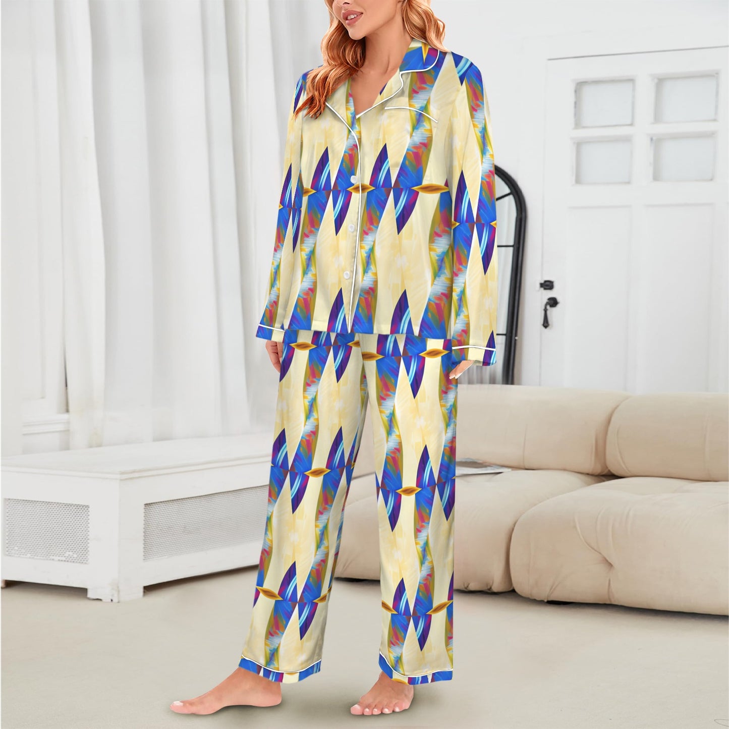 Women's Abstract Blue Wave Pattern All Over Print Long Sleeve Satin Pajama Set