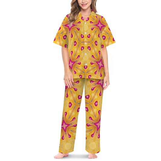 Women's Yellow Kaleidoscope Heart Pattern All Over Print V-Neck Pajama Set