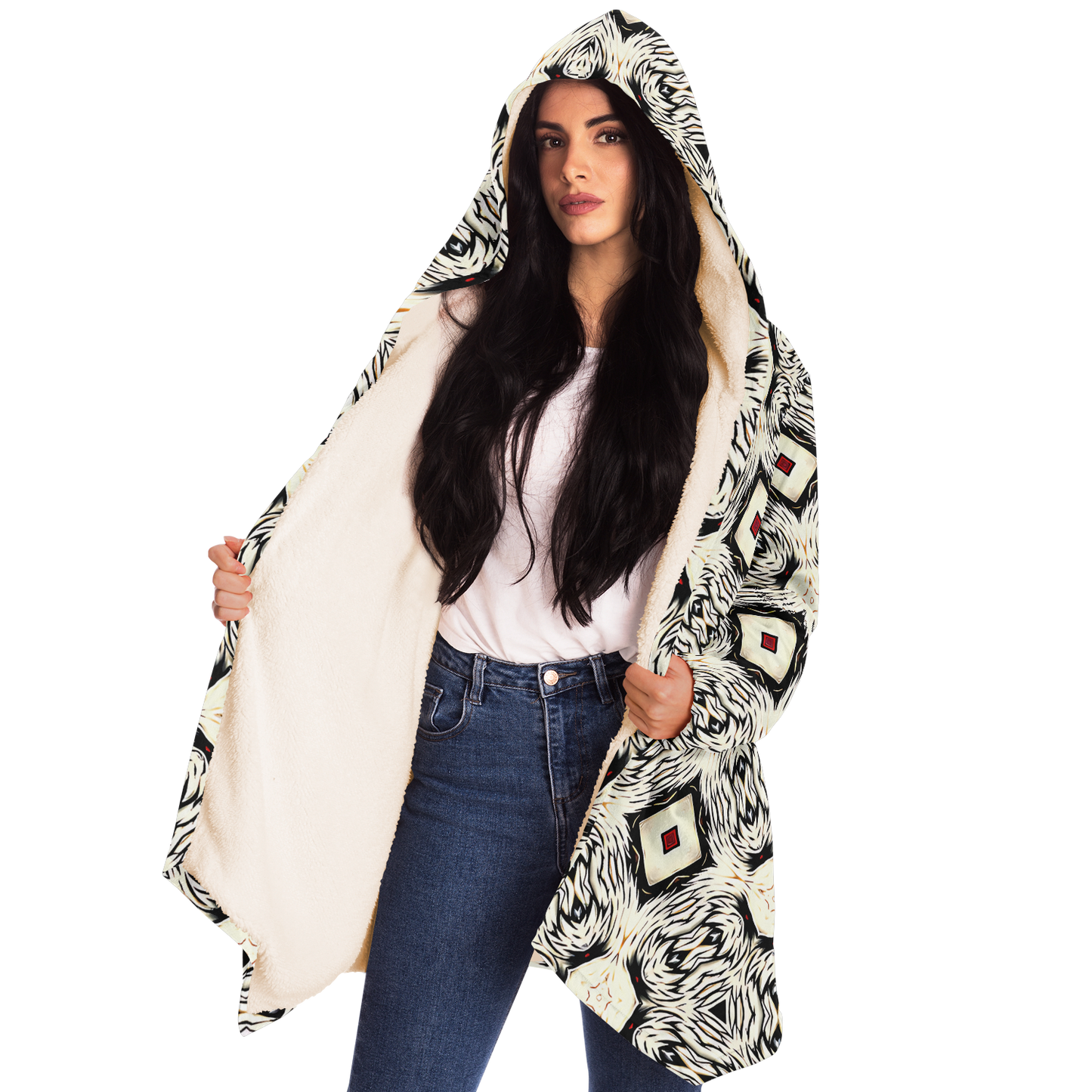 Women's Black & Cream Geometric Pattern All Over Print Microfleece Cloak