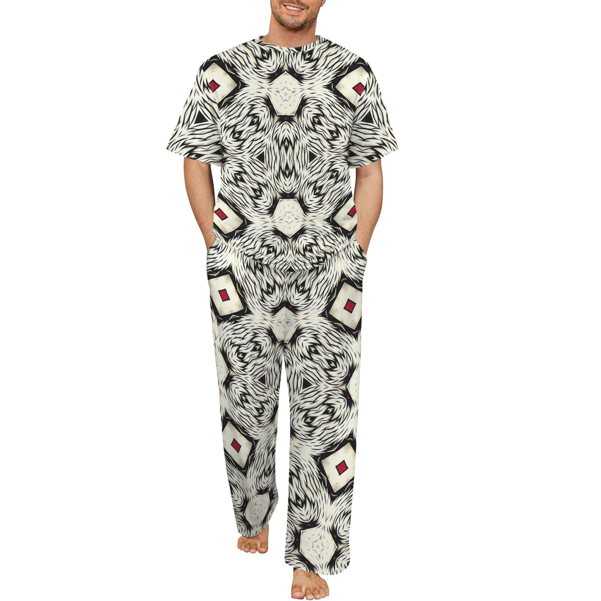 Men's Black & White Abstract Pattern Design All Over print Men's Crew Neck Pajama Set