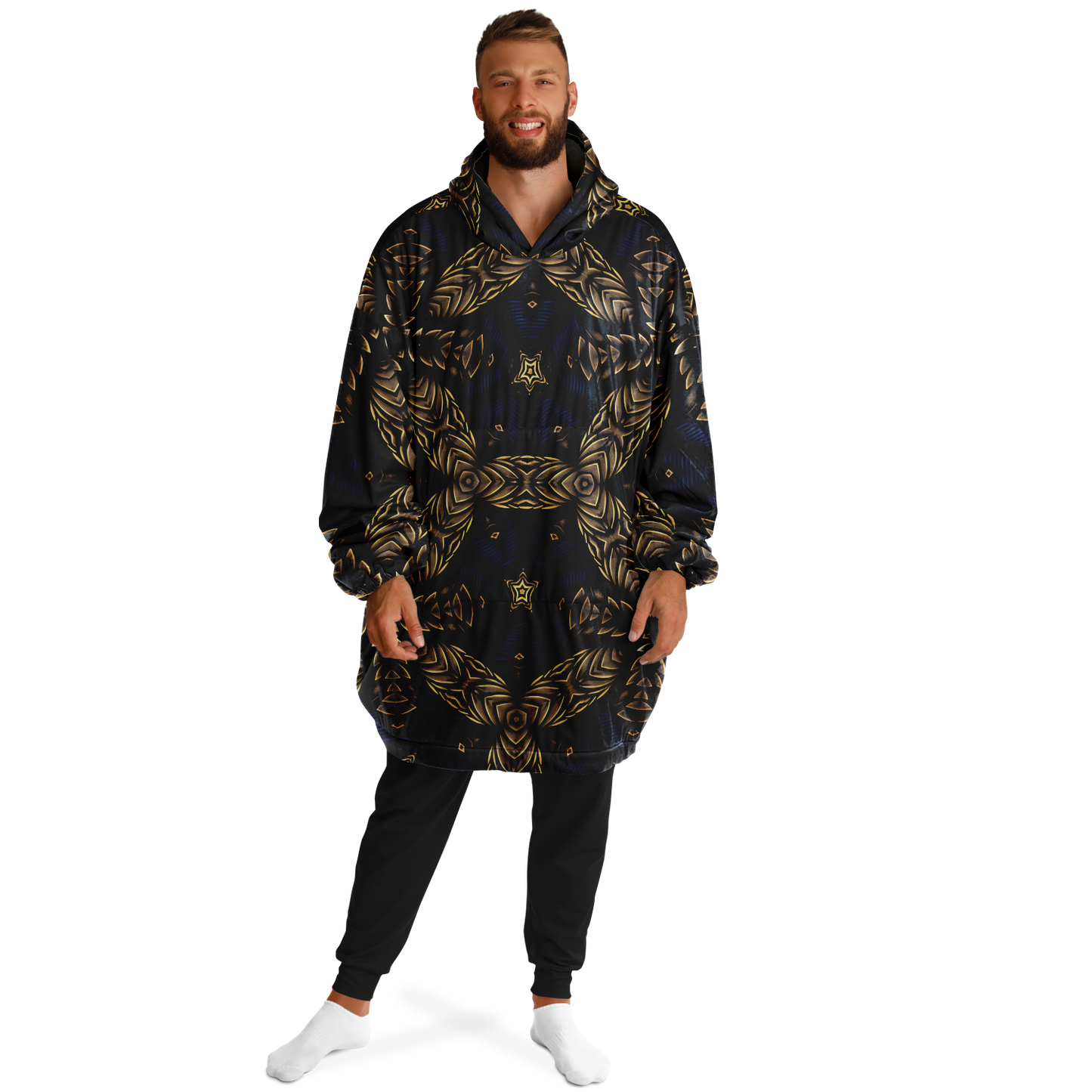 Men's Asymmetrical Gold, Blue & Black Pattern All Over Print Snug Hoodie