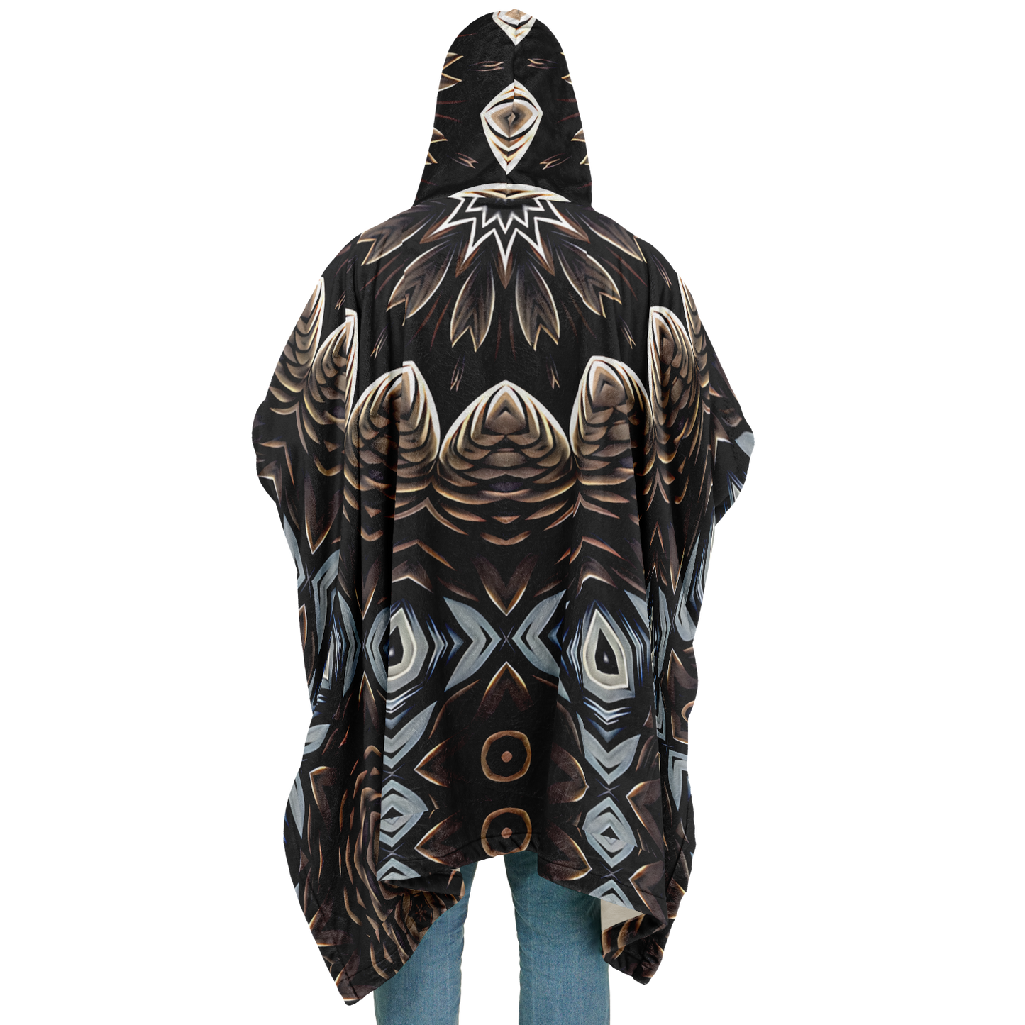 Men's Black & Taupe Kaleidoscope Floral Pattern Flannel Blanket Poncho All Over Print