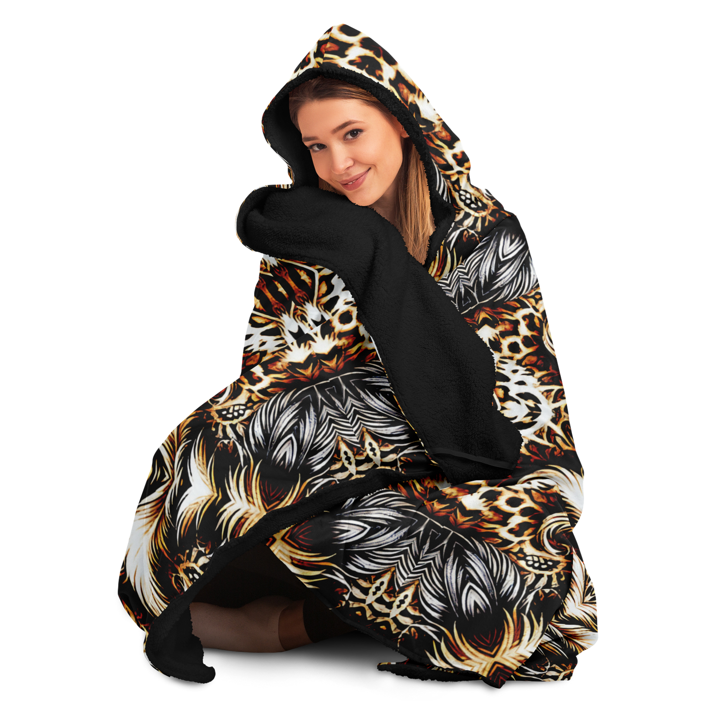 Women's Leopard Kaleidoscope Pattern All-Over Print Hooded Blanket Micro Fleece