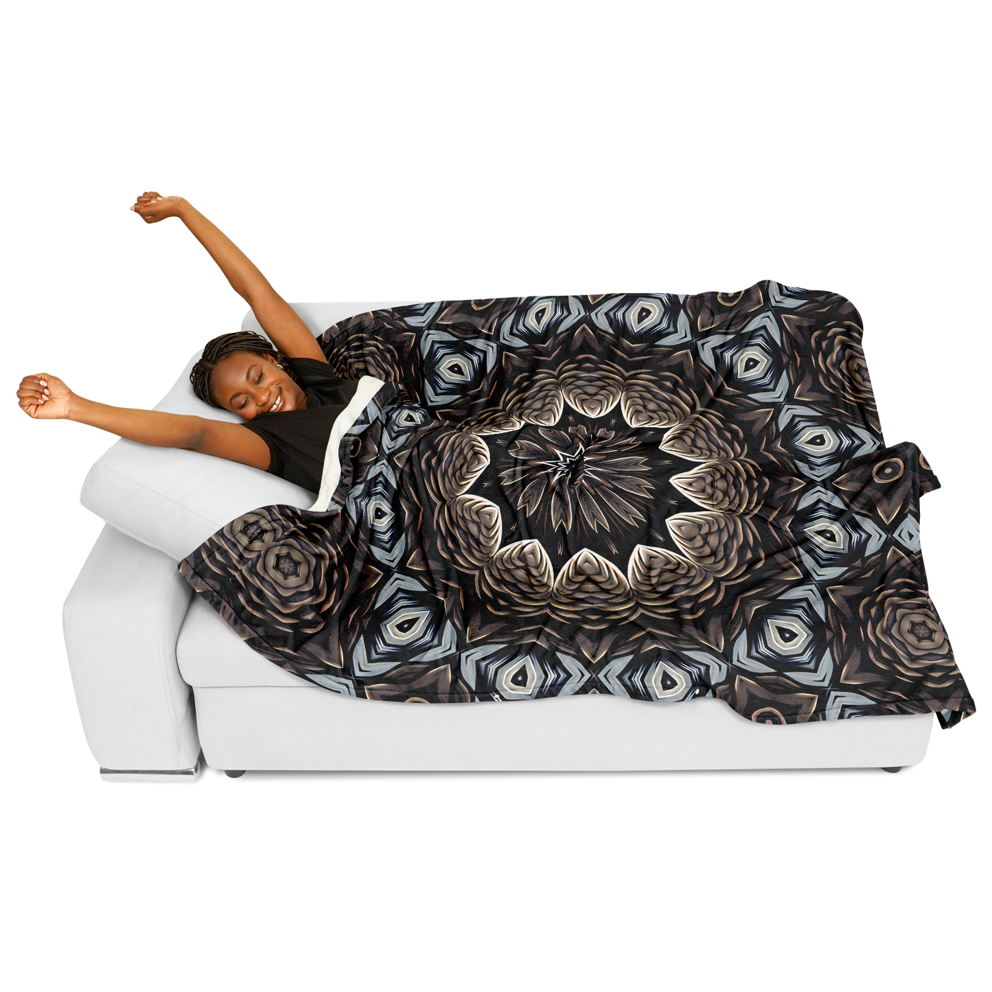 Women's Black & Taupe Kaleidoscope Floral Pattern Flannel Blanket Poncho All Over Print