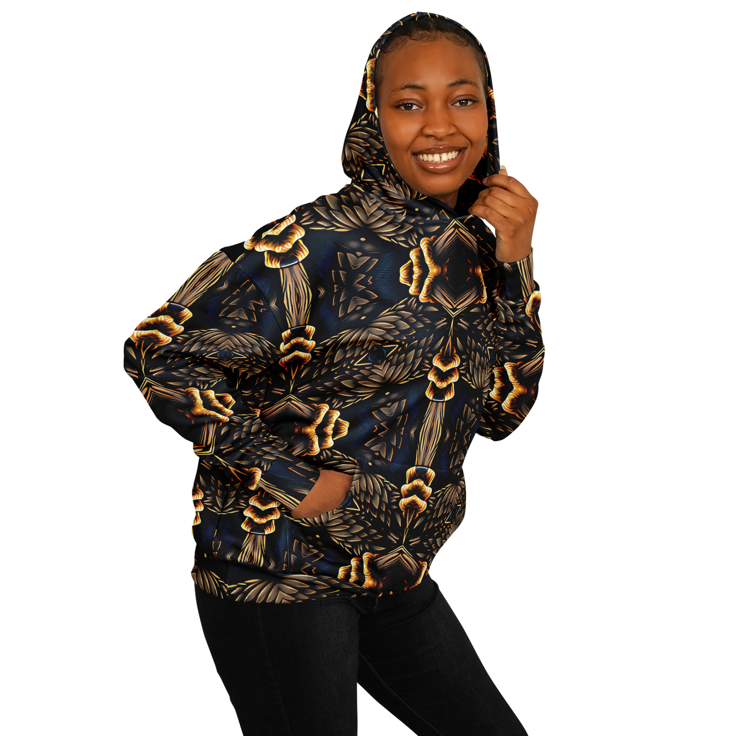 Women's Geometric Gold & Black Pattern Heavyweight Oversized Hoodie