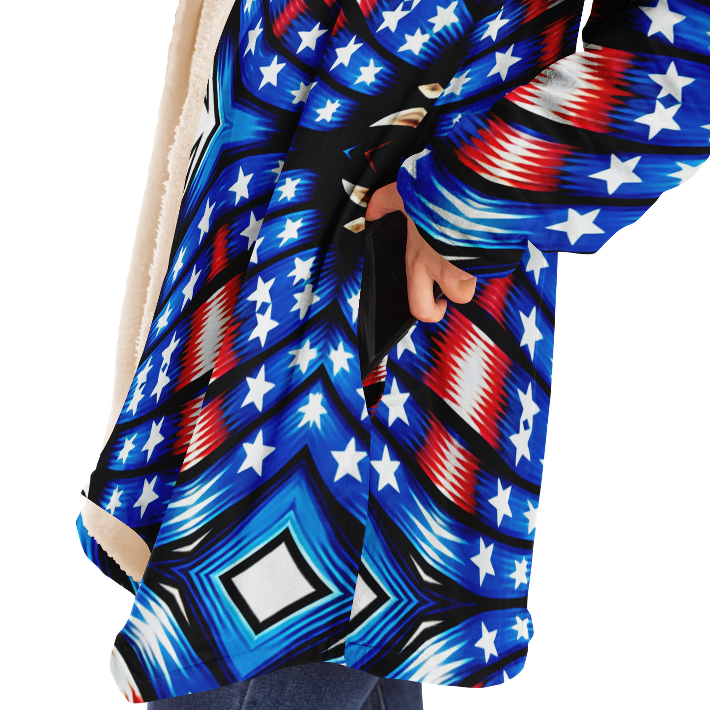 Women's Red White Blue Geometric Pattern All-Over Print Microfleece Cloak