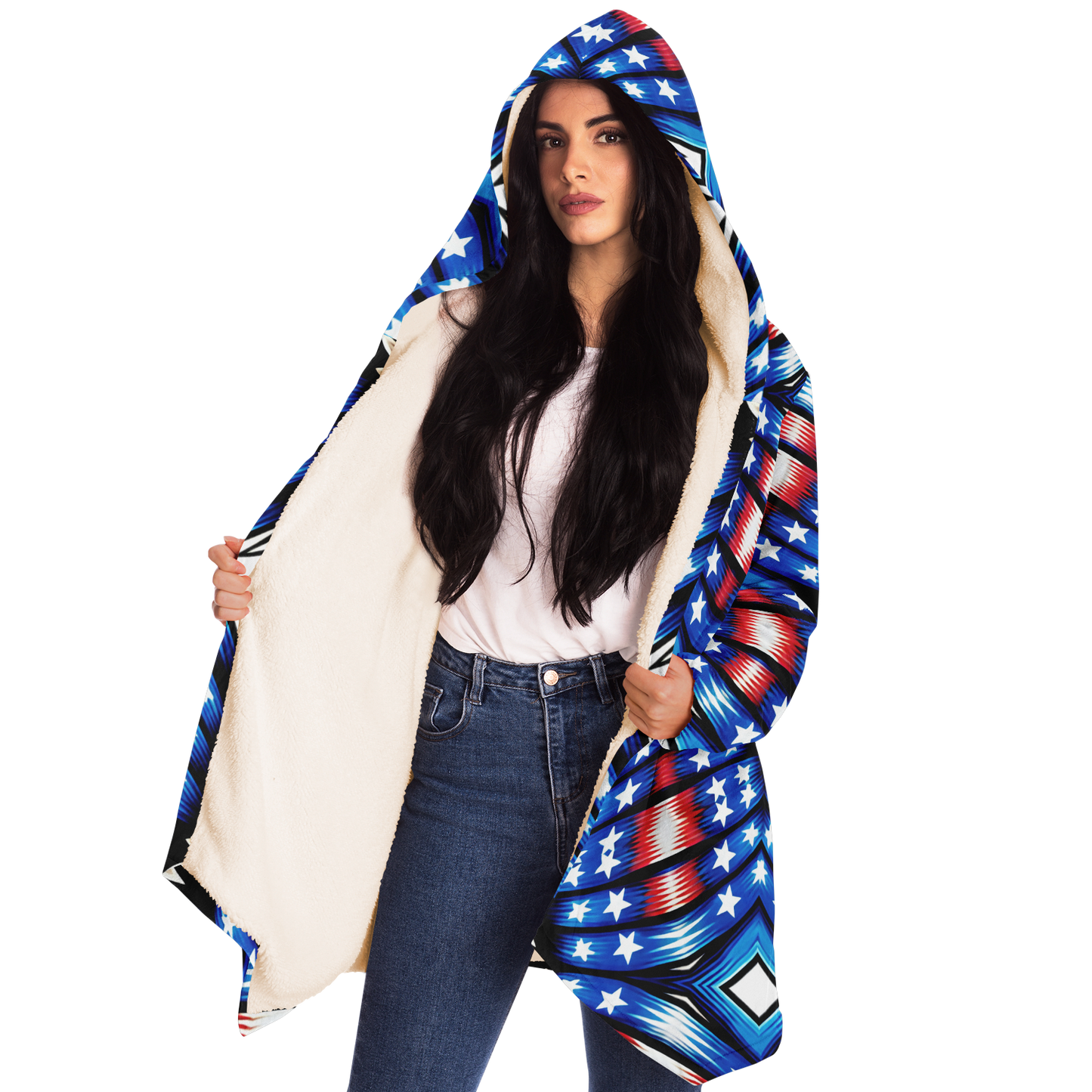 Women's Red White Blue Geometric Pattern All-Over Print Microfleece Cloak