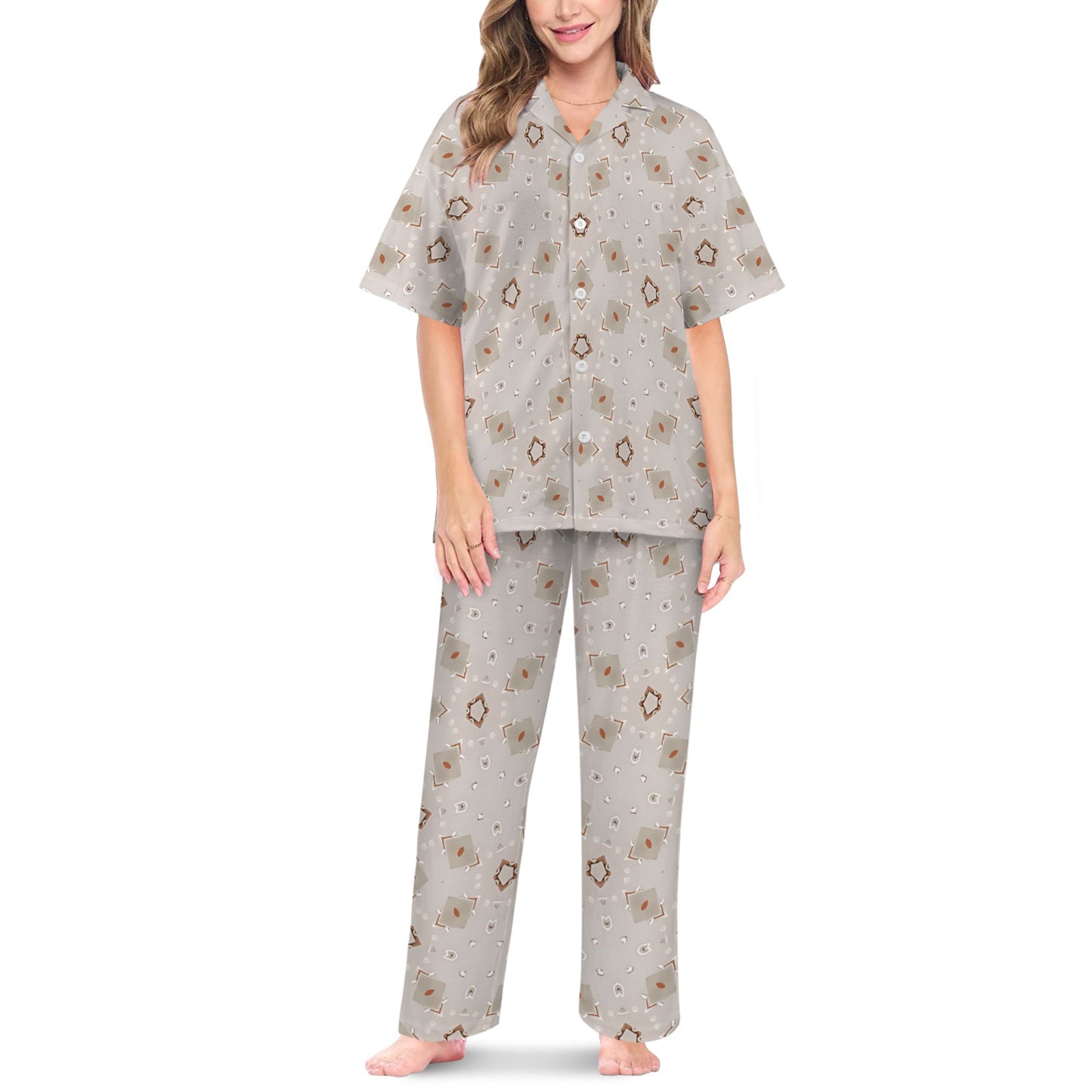 Women's Neutral Boho Graphic Pattern All-Over Print V-Neck Pajama Set