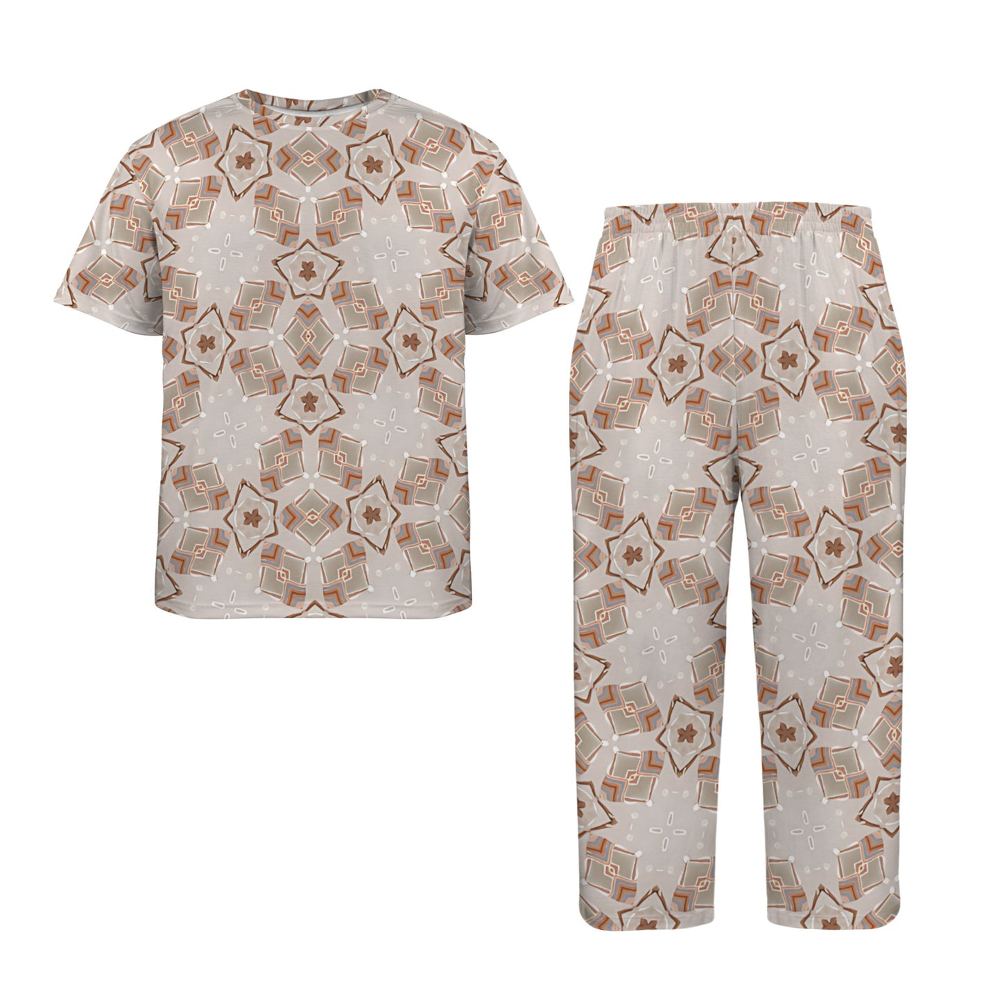 Men's Neutral Boho Graphic Pattern All-Over Print Crew Neck Pajama Set