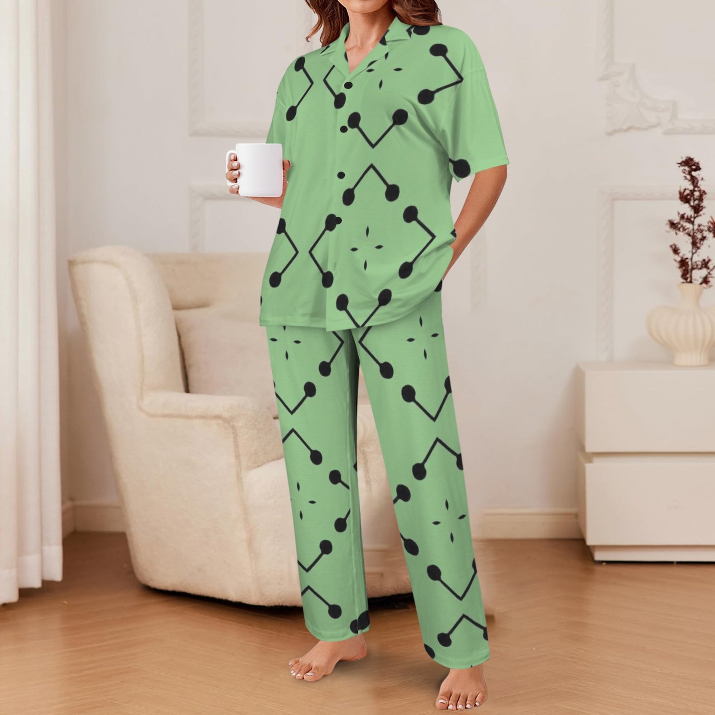 Women's Bold Green Geometric Black Dot-Node Pattern All-Over Print V-Neck Pajama Set