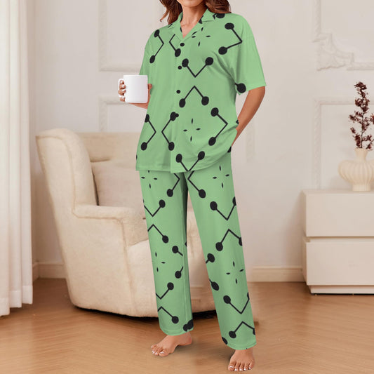 Women's Bold Green Geometric Black Dot-Node Pattern All-Over Print V-Neck Pajama Set