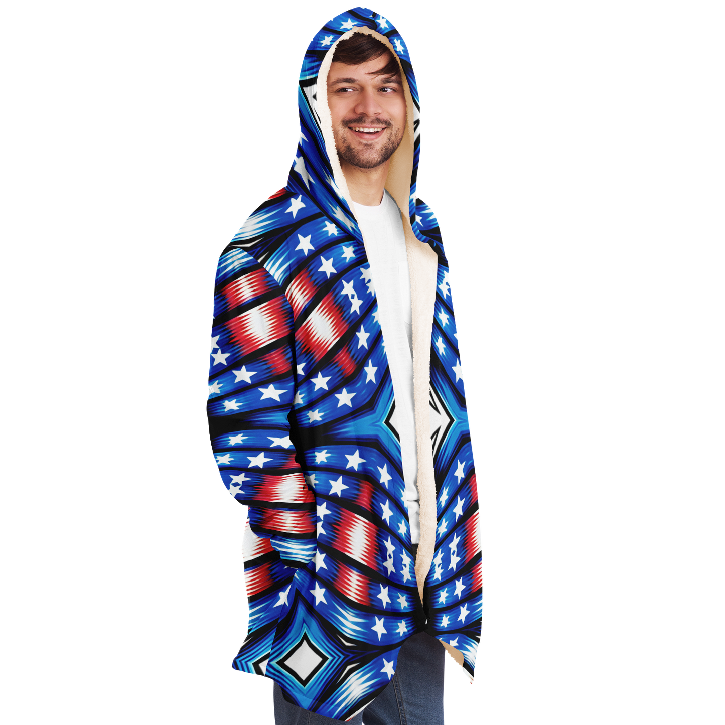 Men's Red White Blue Geometric Pattern All-Over Print All Over Print Microfleece Cloak