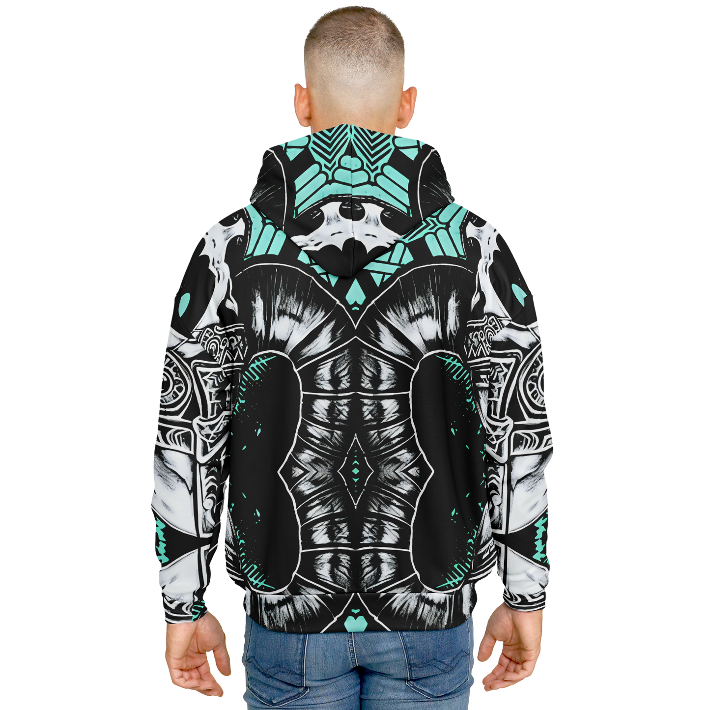 Men's Teal Black White & Green Geometric Pattern All Over Print Heavyweight Oversized Hoodie