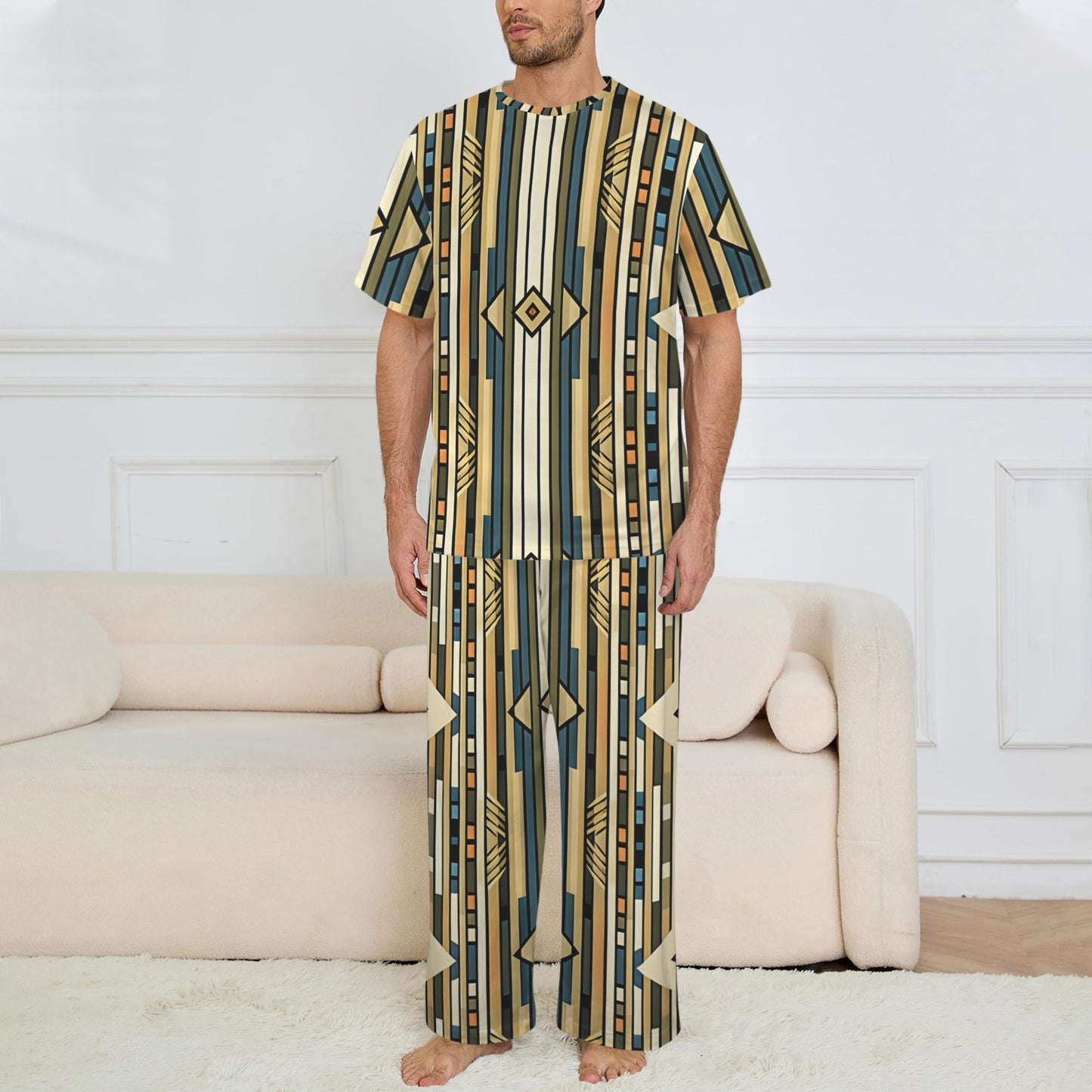 Men's Retro Geometric Tribal Pattern All-Over Print Crew Neck Pajama Set