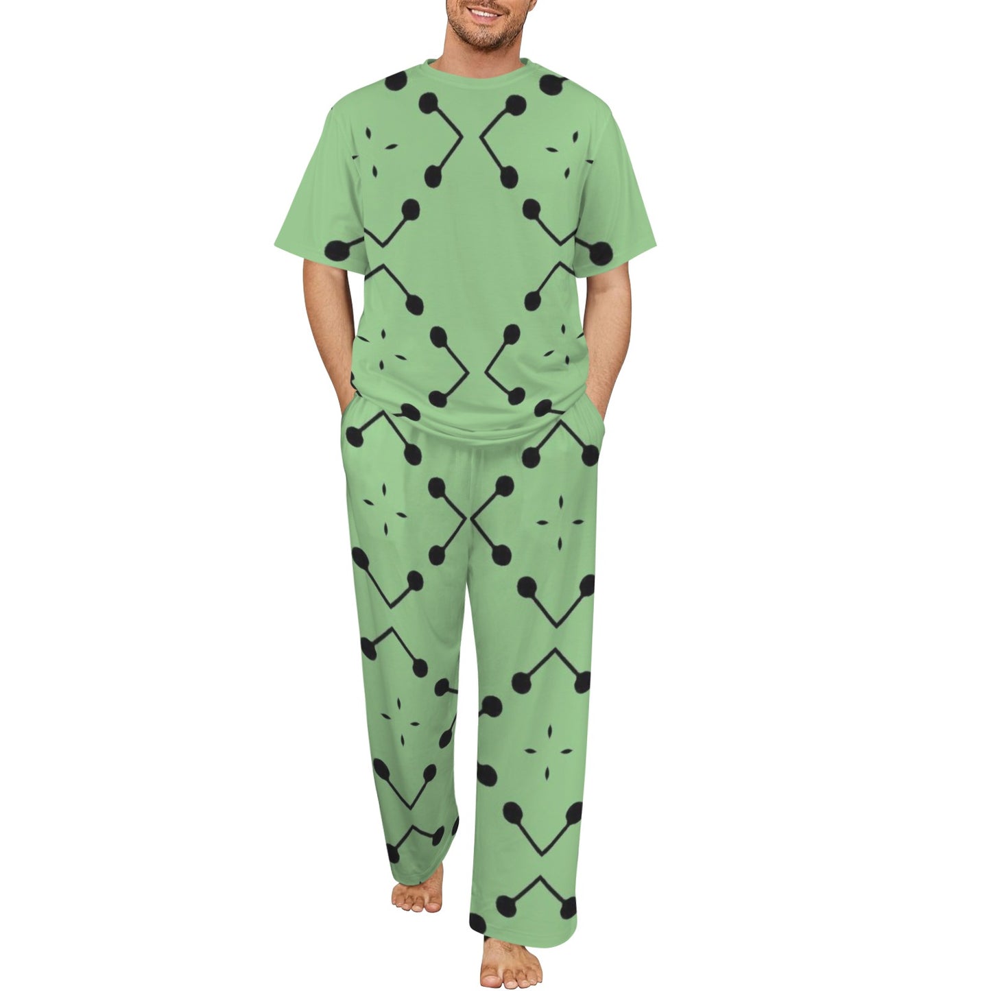 Men's Bold Green Geometric Black Dot-Node Pattern All-Over Crew Neck Pajama Set
