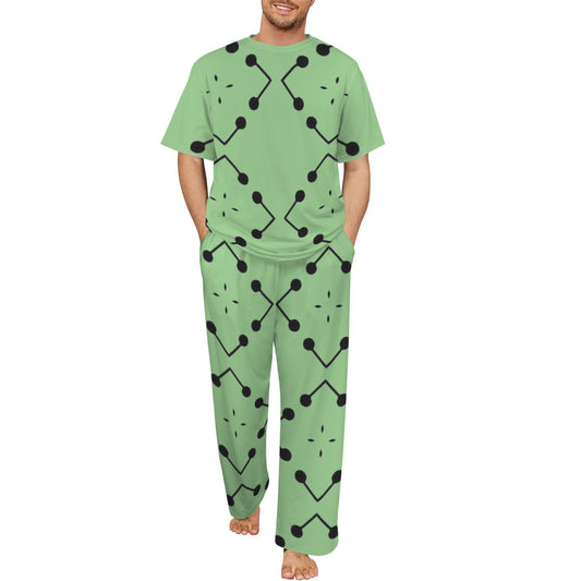 Men's Bold Green Geometric Black Dot-Node Pattern All-Over Crew Neck Pajama Set