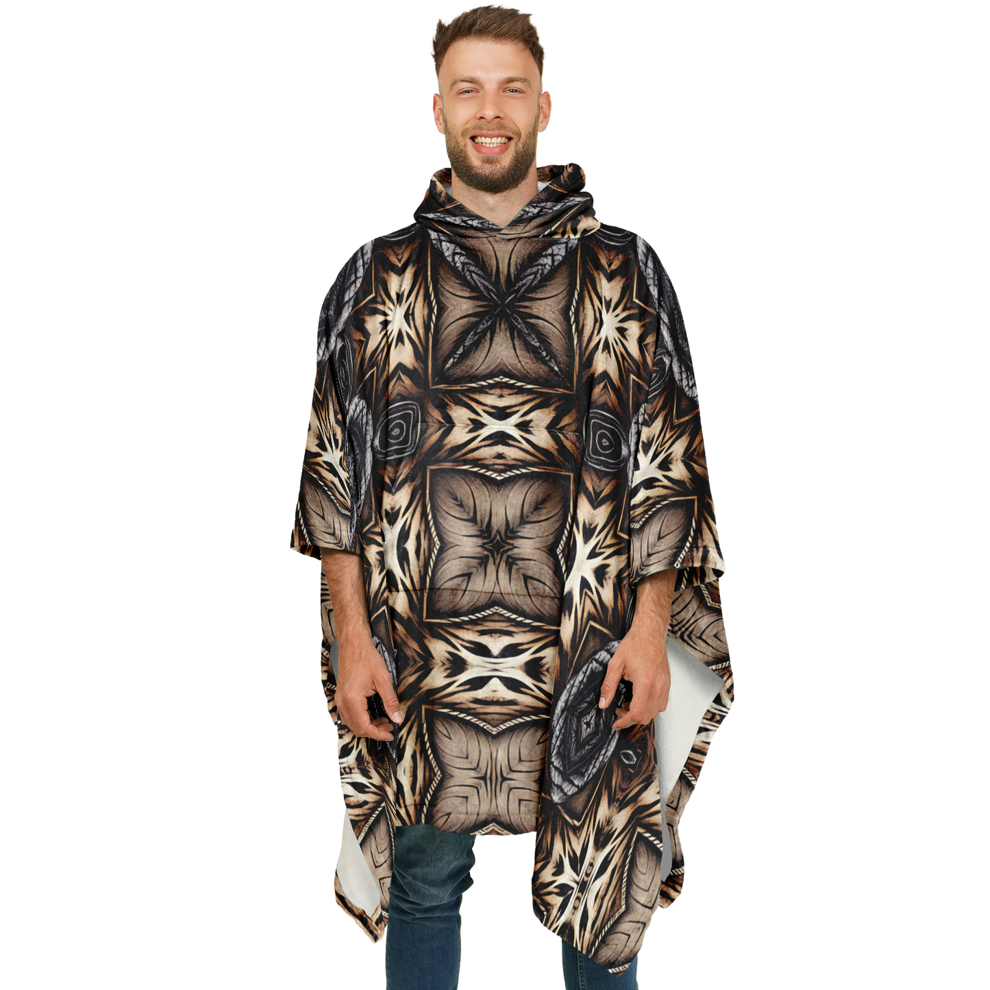Men's Geometric Kaleidoscope Brown Pattern All Over Print Flannel Blanket Poncho