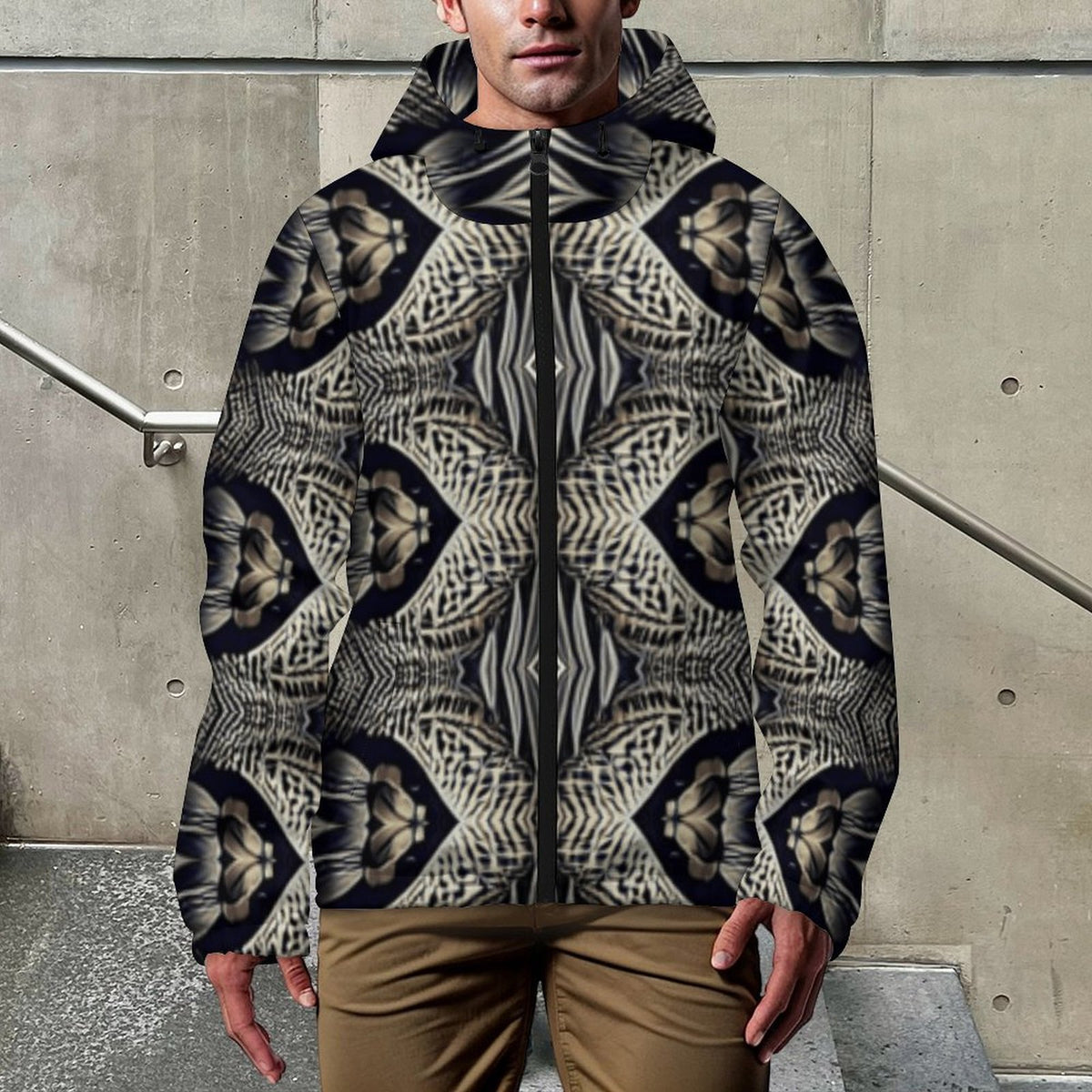 Men's Monochrome Geometric Pattern All Over Print Hooded Windbreaker Jacket