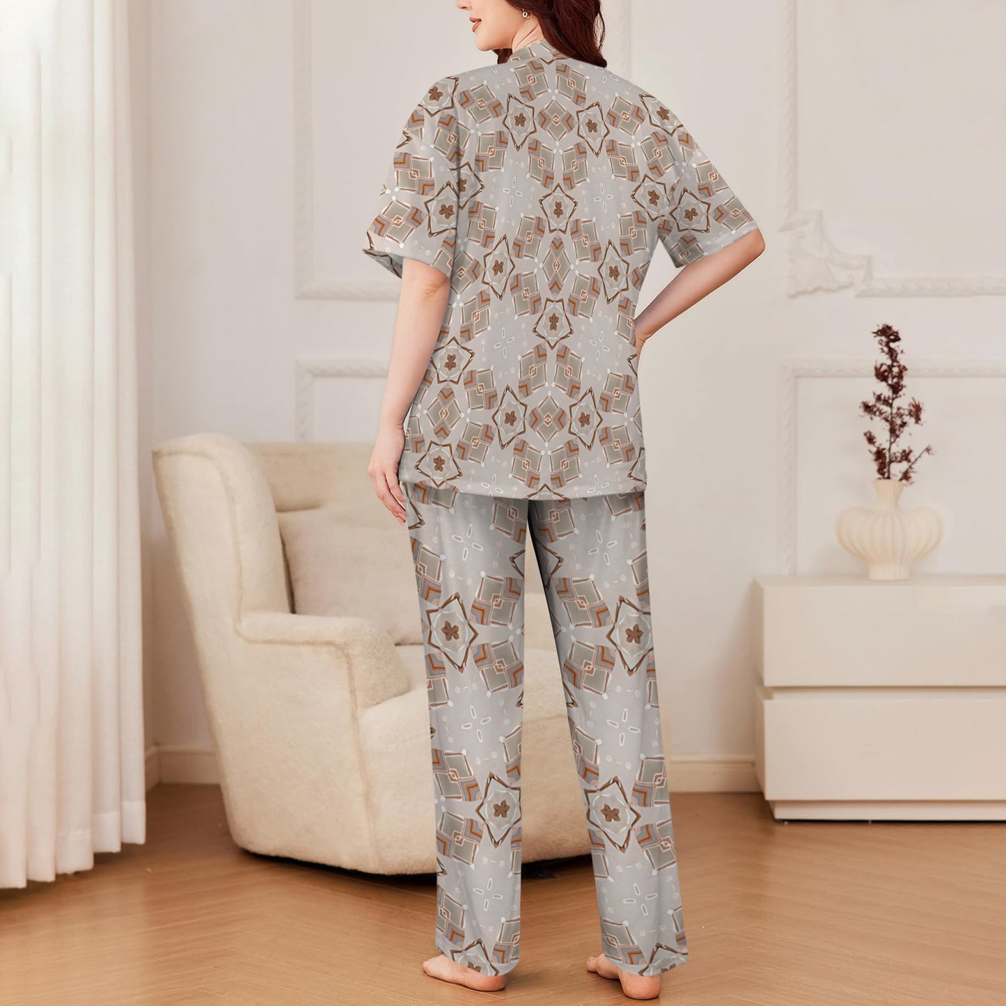 Women's Neutral Calico Floral Pattern All-Over Print V-Neck Pajama Set