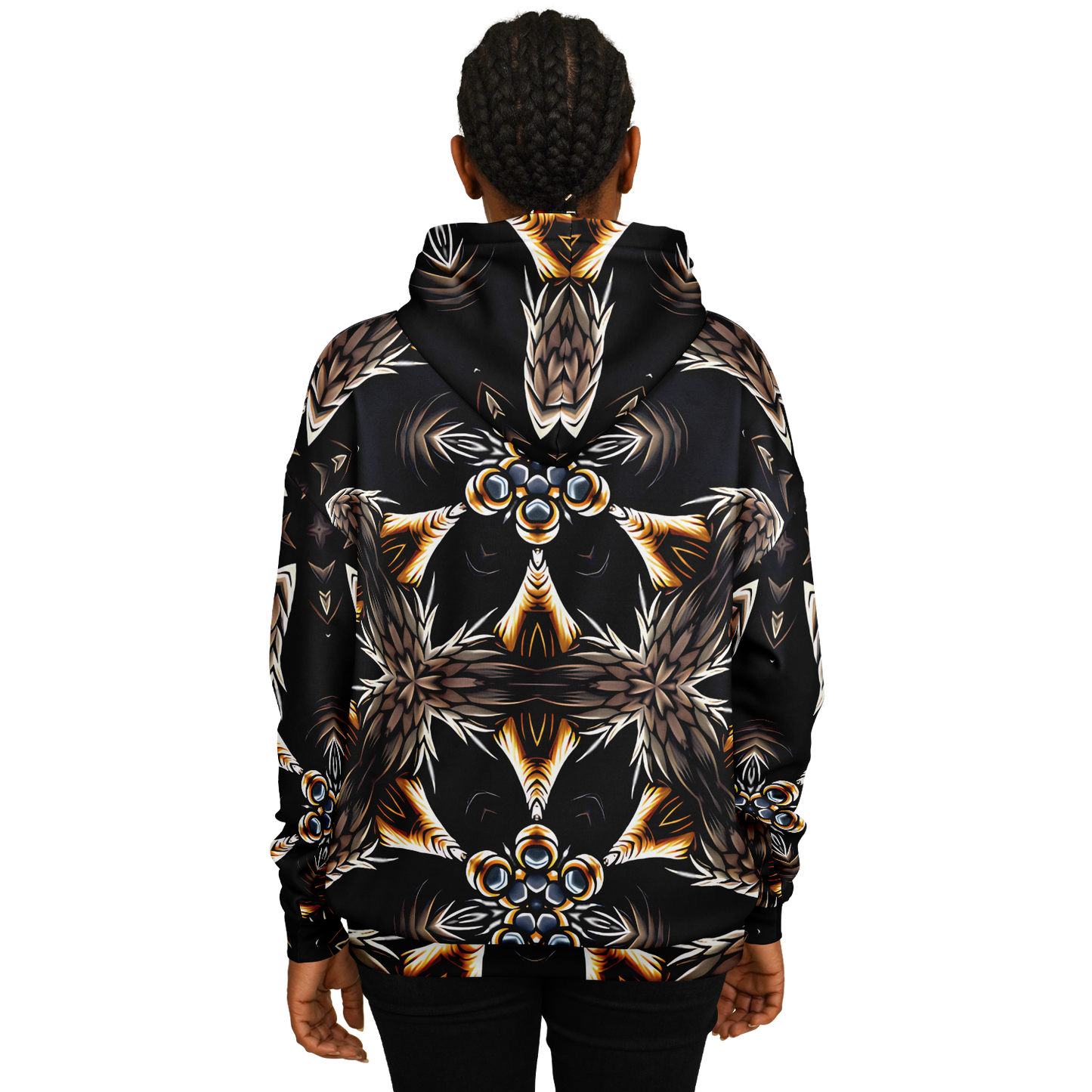 Women's Geometric Black & Gold Kaleidoscope Print Heavyweight Oversized Hoodie