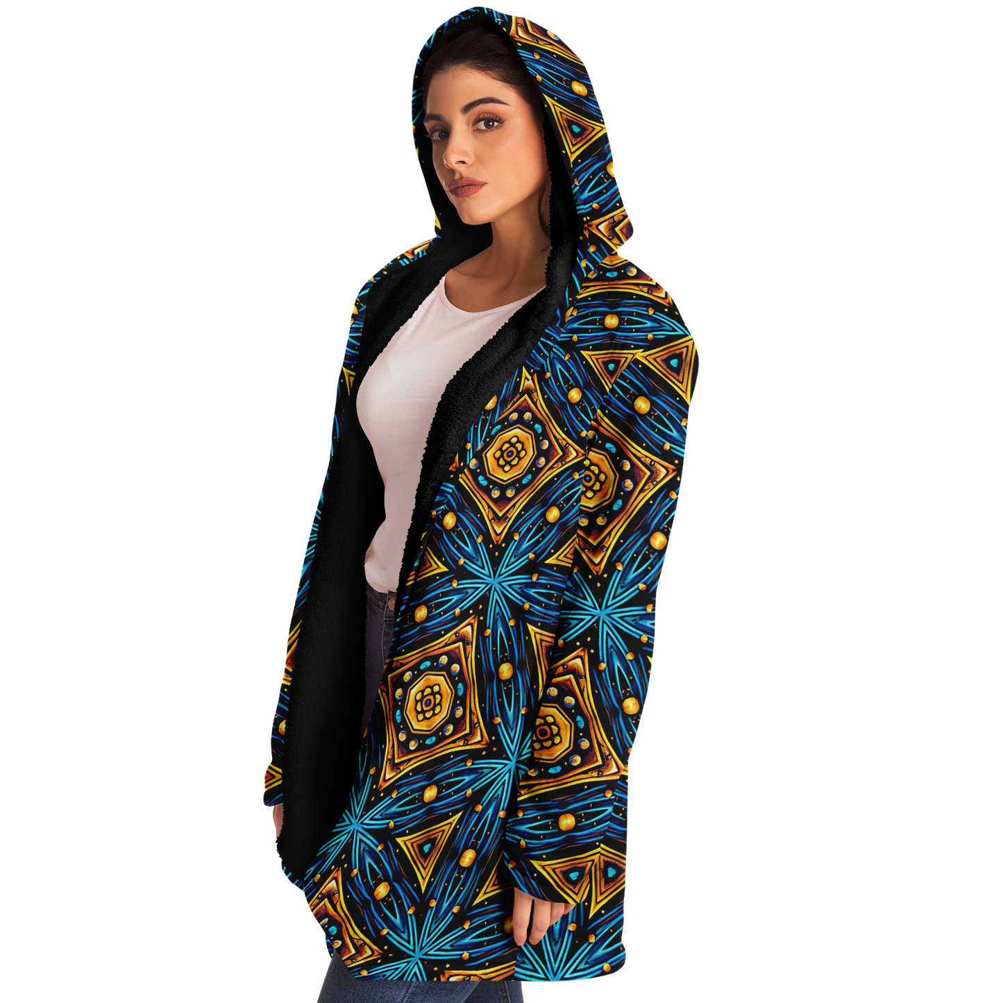 Women's Blue & Gold Geometric Pattern All Over Print Microfleece Cloak