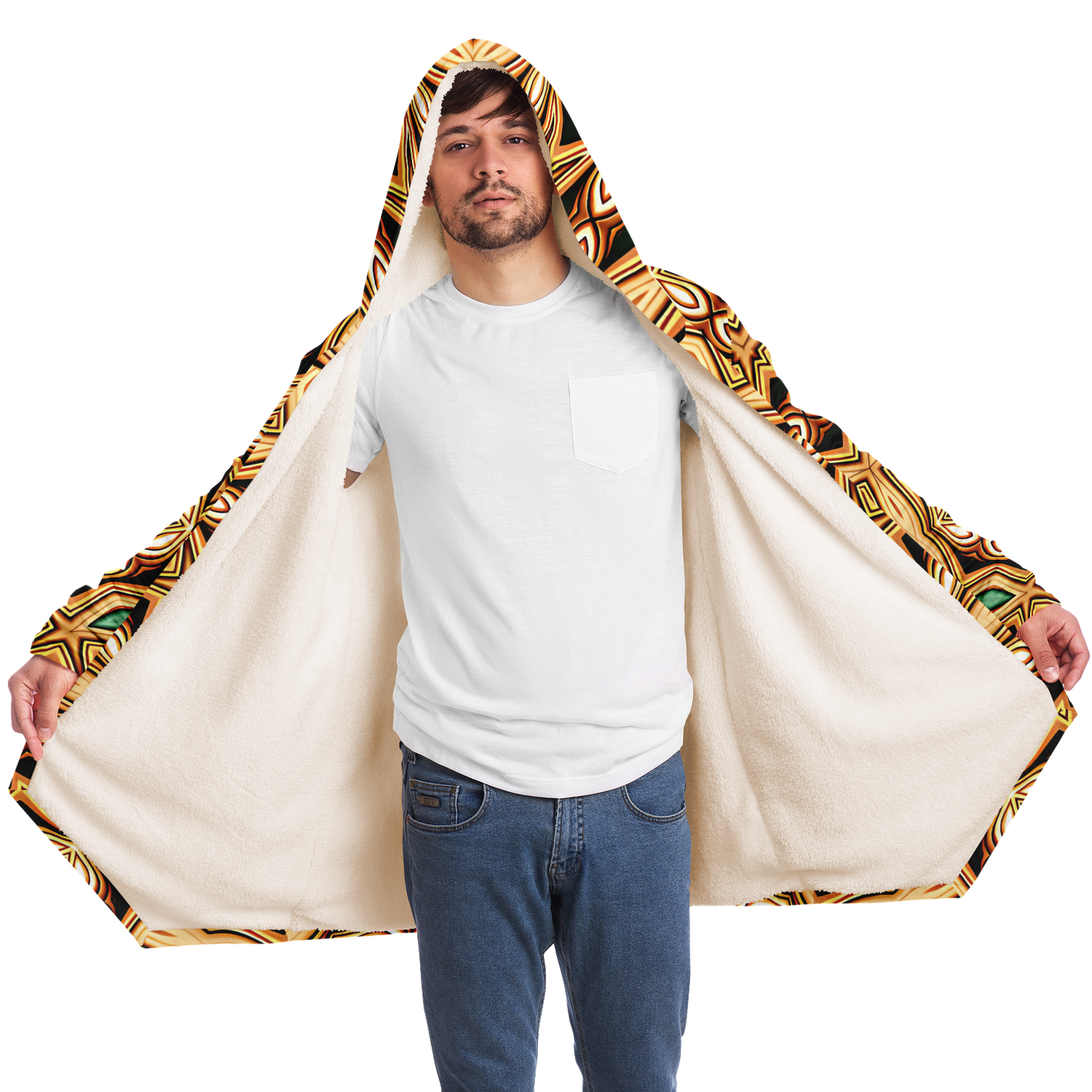 Men's Retro Geometric Brown & Teal Pattern Microfleece Cloak