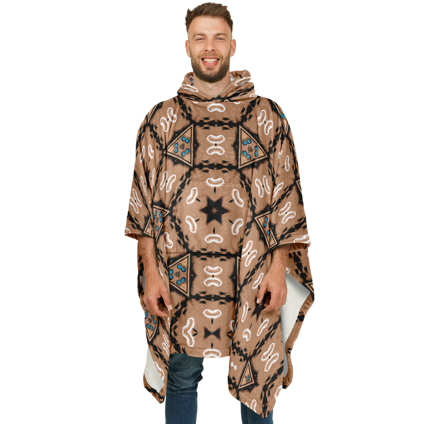men's Geometric Brown Kaleidoscope Pattern All Over Print Flannel Blanket Poncho