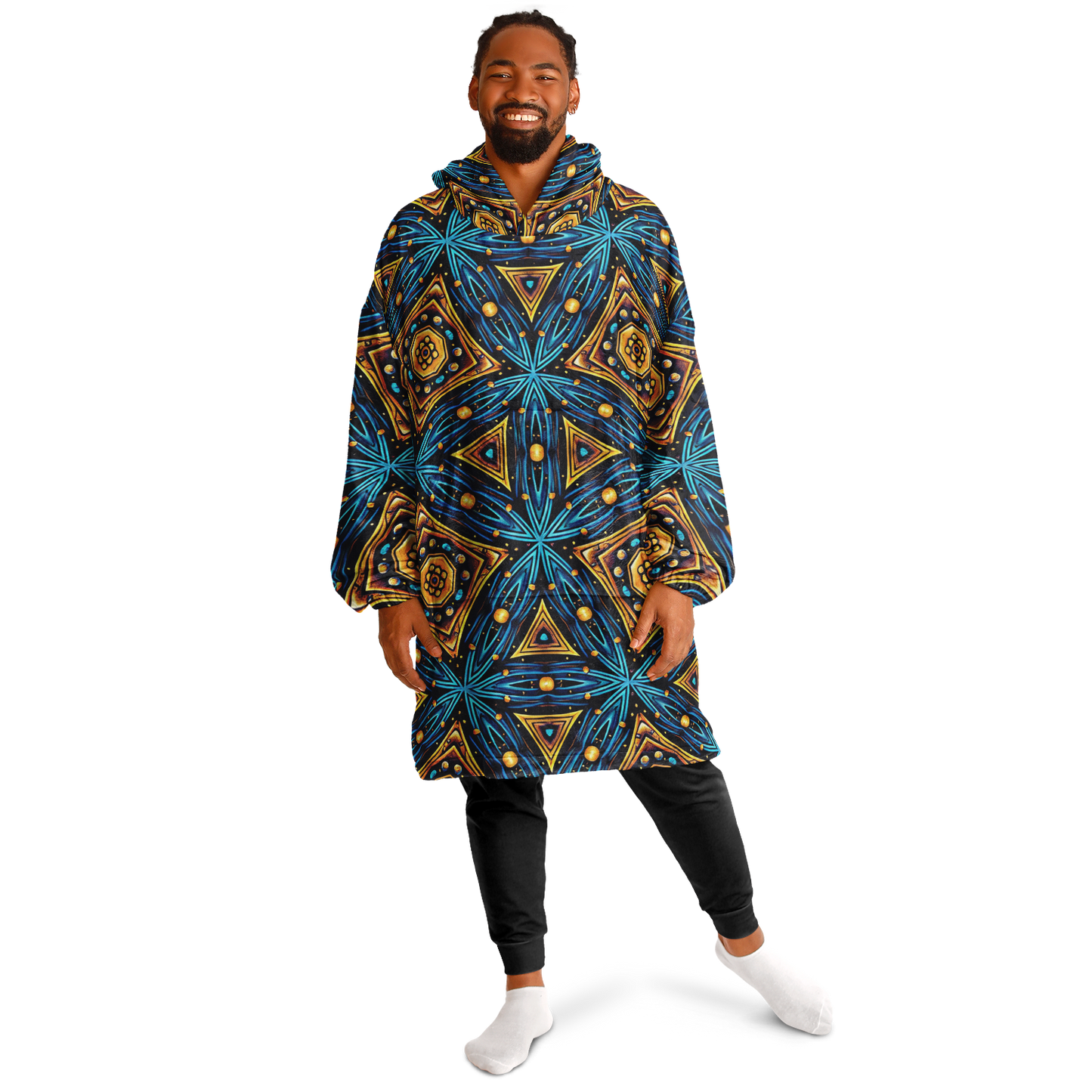 Men's Blue & Gold Geometric Pattern All Over Print Snug Hoodie Economy