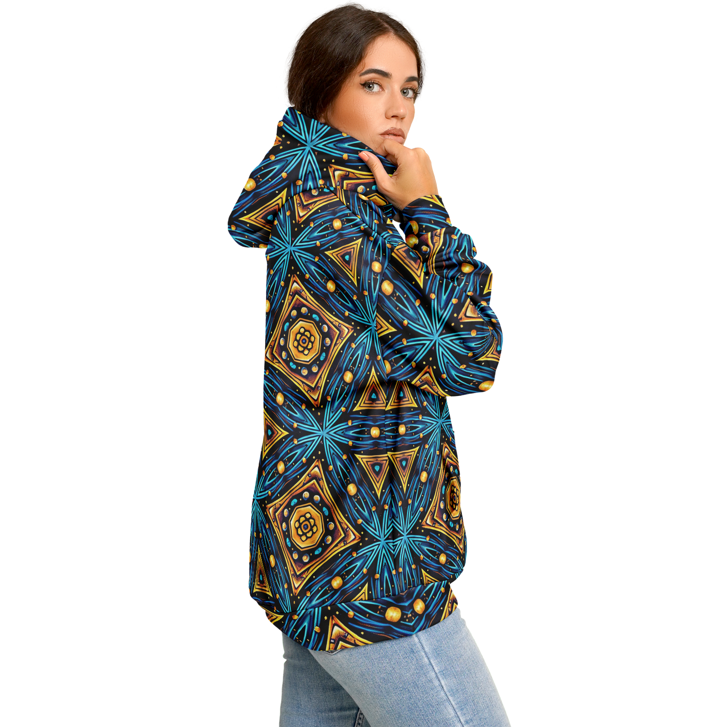 Women's Blue & Gold Geometric Pattern All Over Print Heavyweight Oversized Hoodie