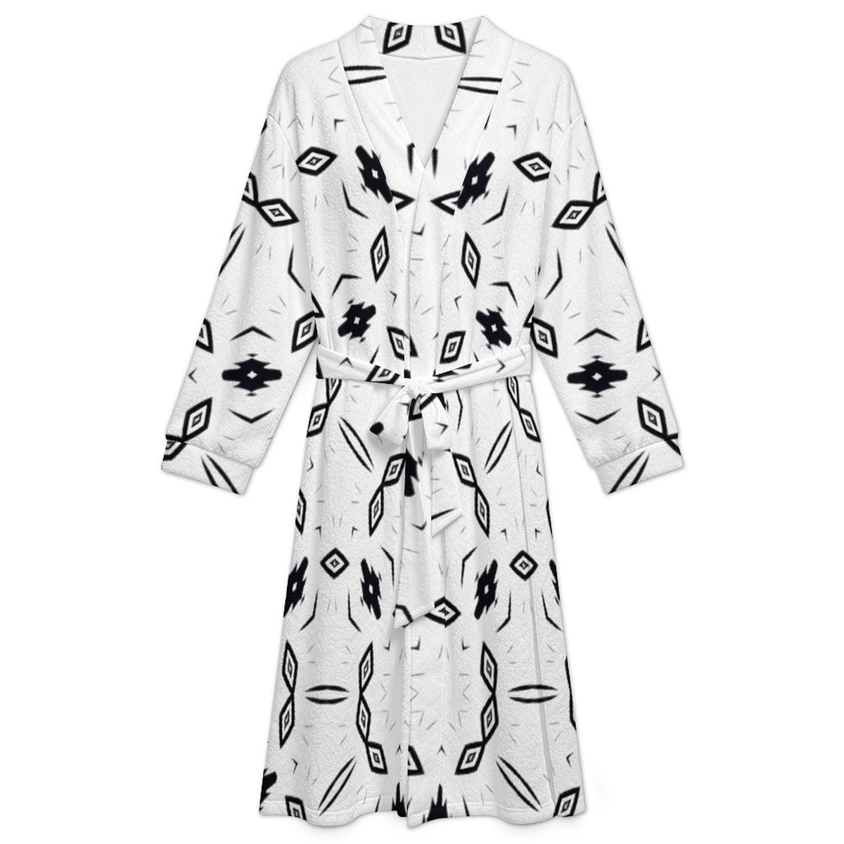 Men's Black & White Geometric Pattern Design All-Over Print Flannel Adult Lounge Robe