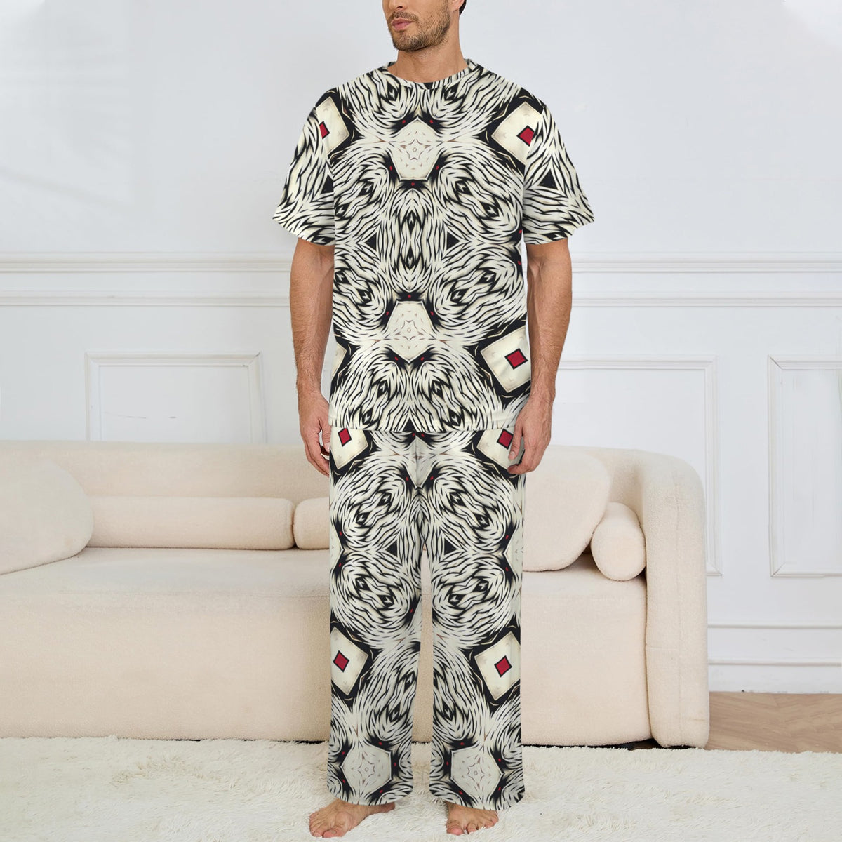 Men's Black & White Abstract Pattern Design All Over print Men's Crew Neck Pajama Set