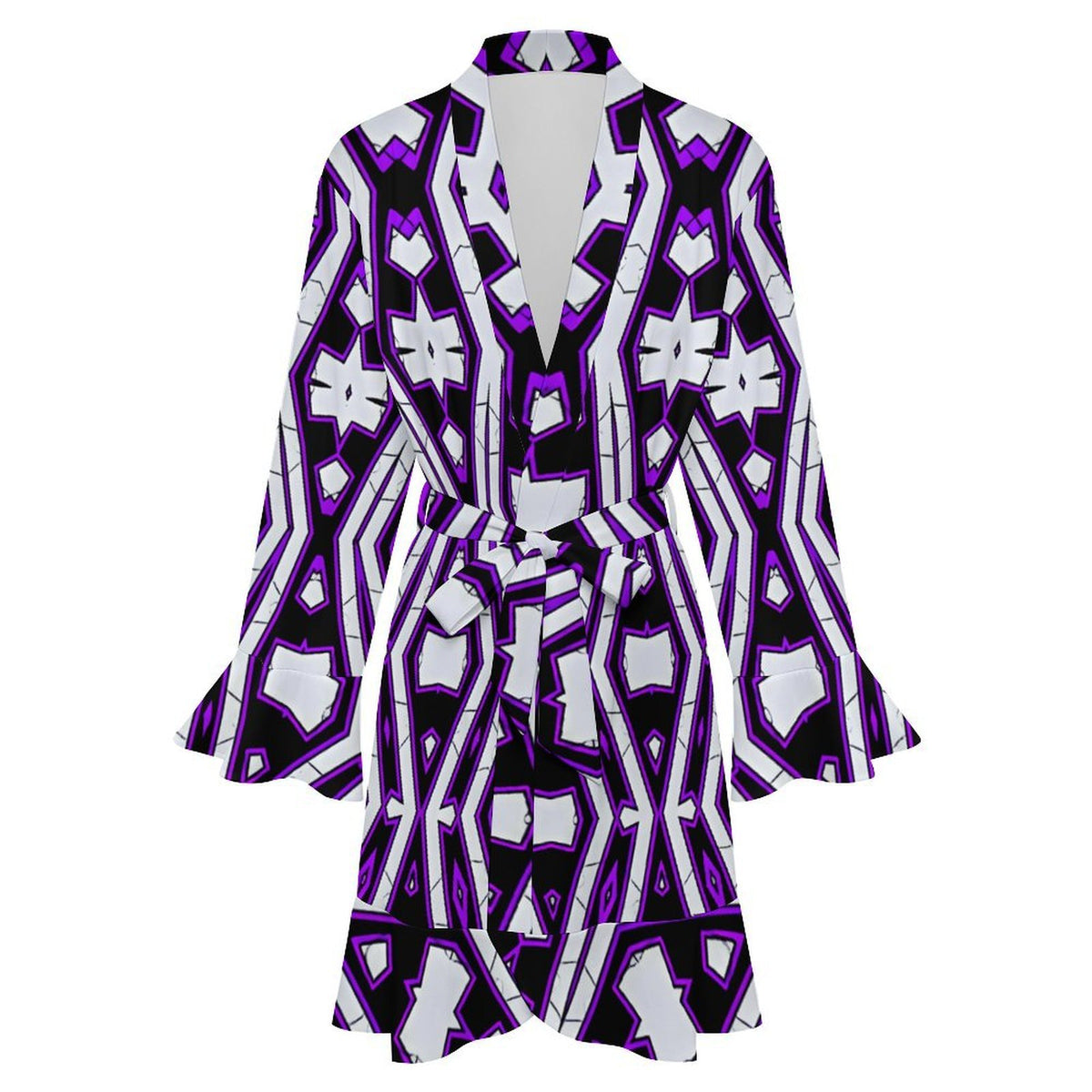 Women’s Eye-Catching Black, White And Purple Geometric Pattern Design All Over Print Ruffle Long Sleeve Robe