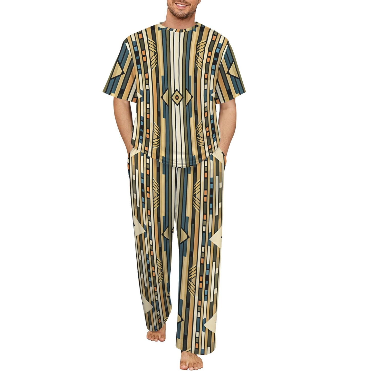 Men's Retro Geometric Tribal Pattern All-Over Print Crew Neck Pajama Set