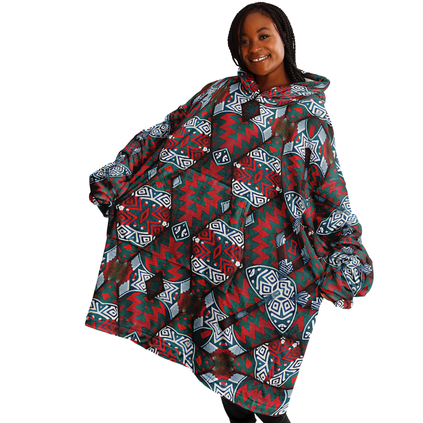 Women's Red & Teal Geometric Pattern Snug Hoodie Economy