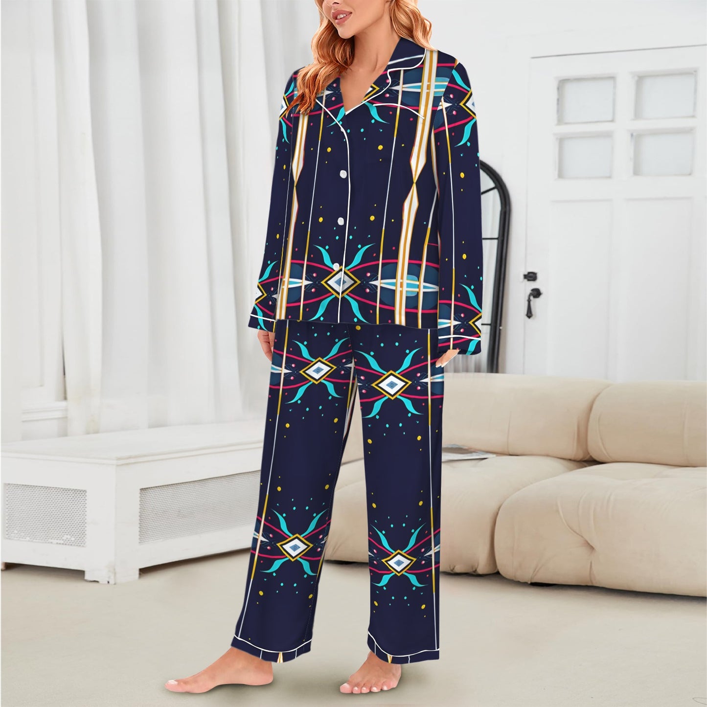 Women's Abstract Neon Geometry Pattern Print Women's Long Sleeve Satin Pajama Set