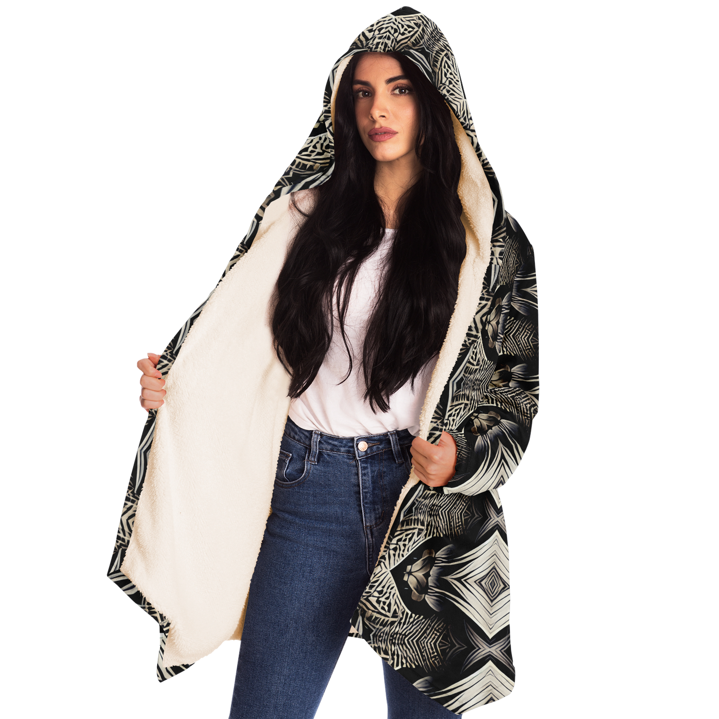 Women's Monochrome Geometric Kaleidoscope Pattern All Over Print Microfleece Cloak