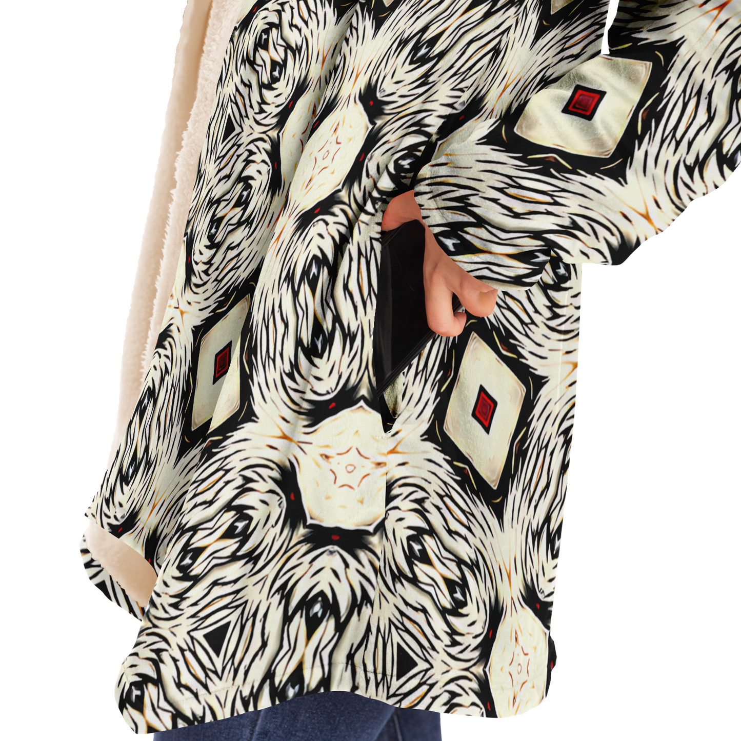 Women's Black & Cream Geometric Pattern All Over Print Microfleece Cloak