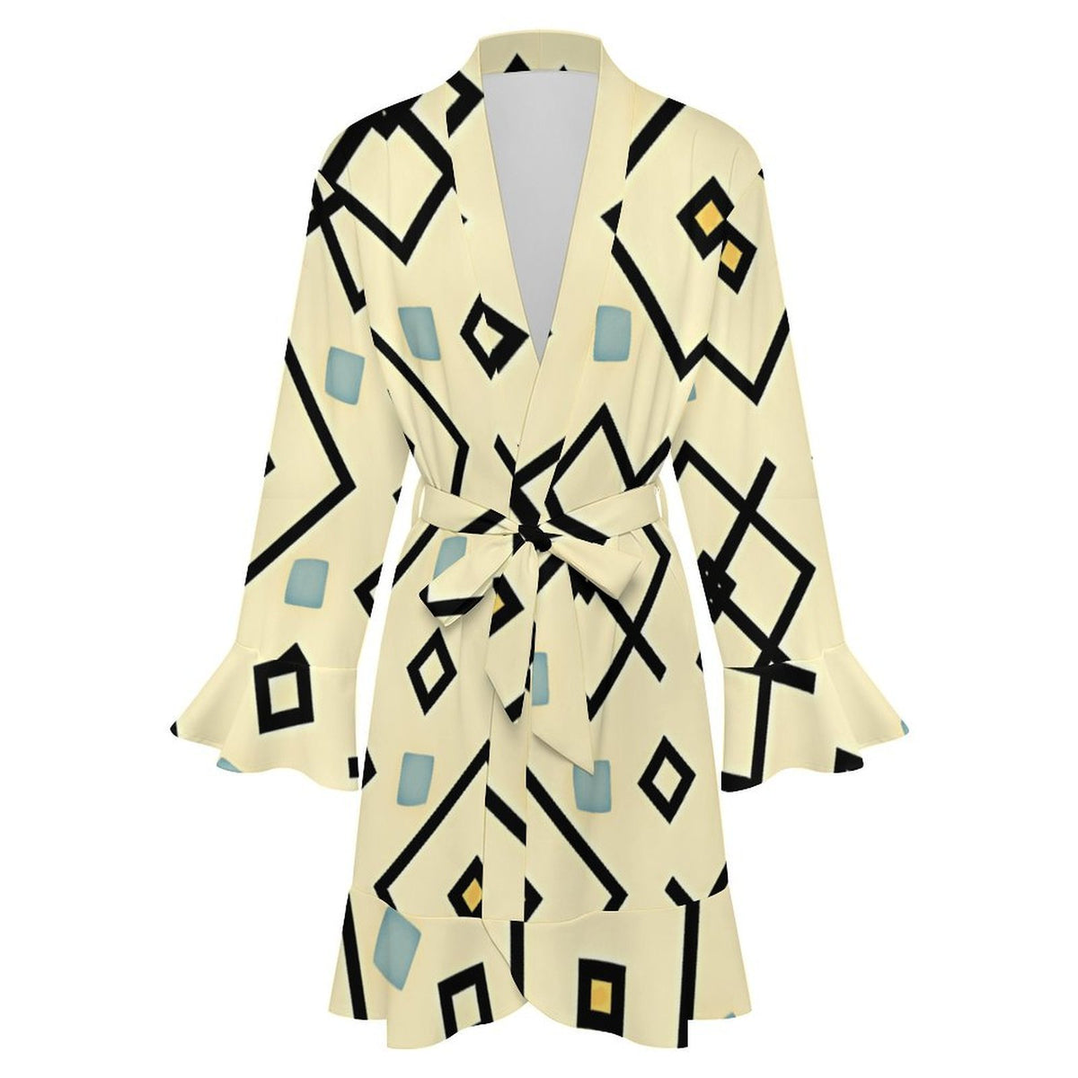Women's Retro Cream Geometric Diamond Pattern Design All Over Print Ruffle Long Sleeve Robe
